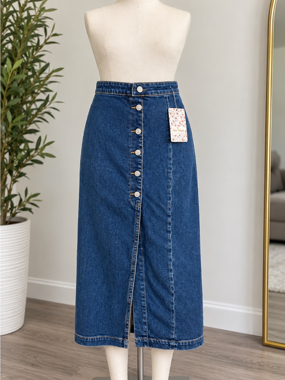 Free People Champion Coast Denim Button Front Midi Skirt Size 6 NWT